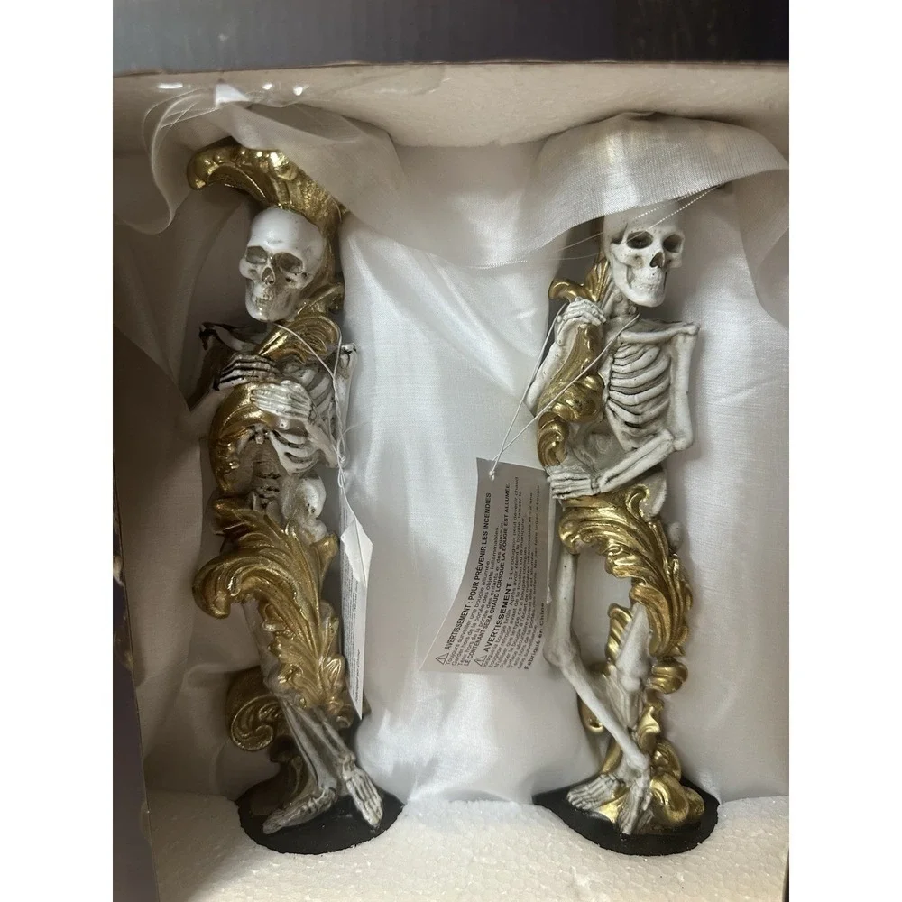 Christian Siriano Gold Skeleton Candlestick Holders Pair Halloween NEW IN BOX